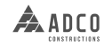 Logo of ADCO Constructions. The design includes a stylized letter "A," reminiscent of AAF Scaffolding, formed by geometric shapes, followed by the text "ADCO" in bold uppercase letters. Below "ADCO," the word "CONSTRUCTIONS" appears in a smaller, uppercase font. The entire logo is in grayscale.